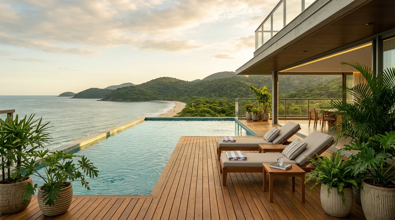 Piscina privativa de borda infinita no terraço de uma cobertura duplex (imagem ilustrativa)