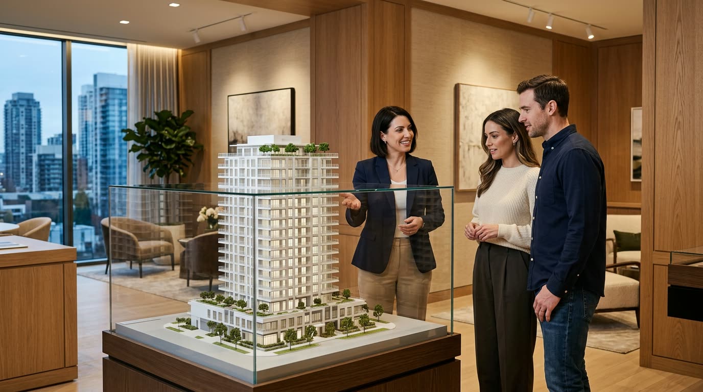 Corretora apresentando a maquete de um lançamento no estande de vendas (imagem ilustrativa)