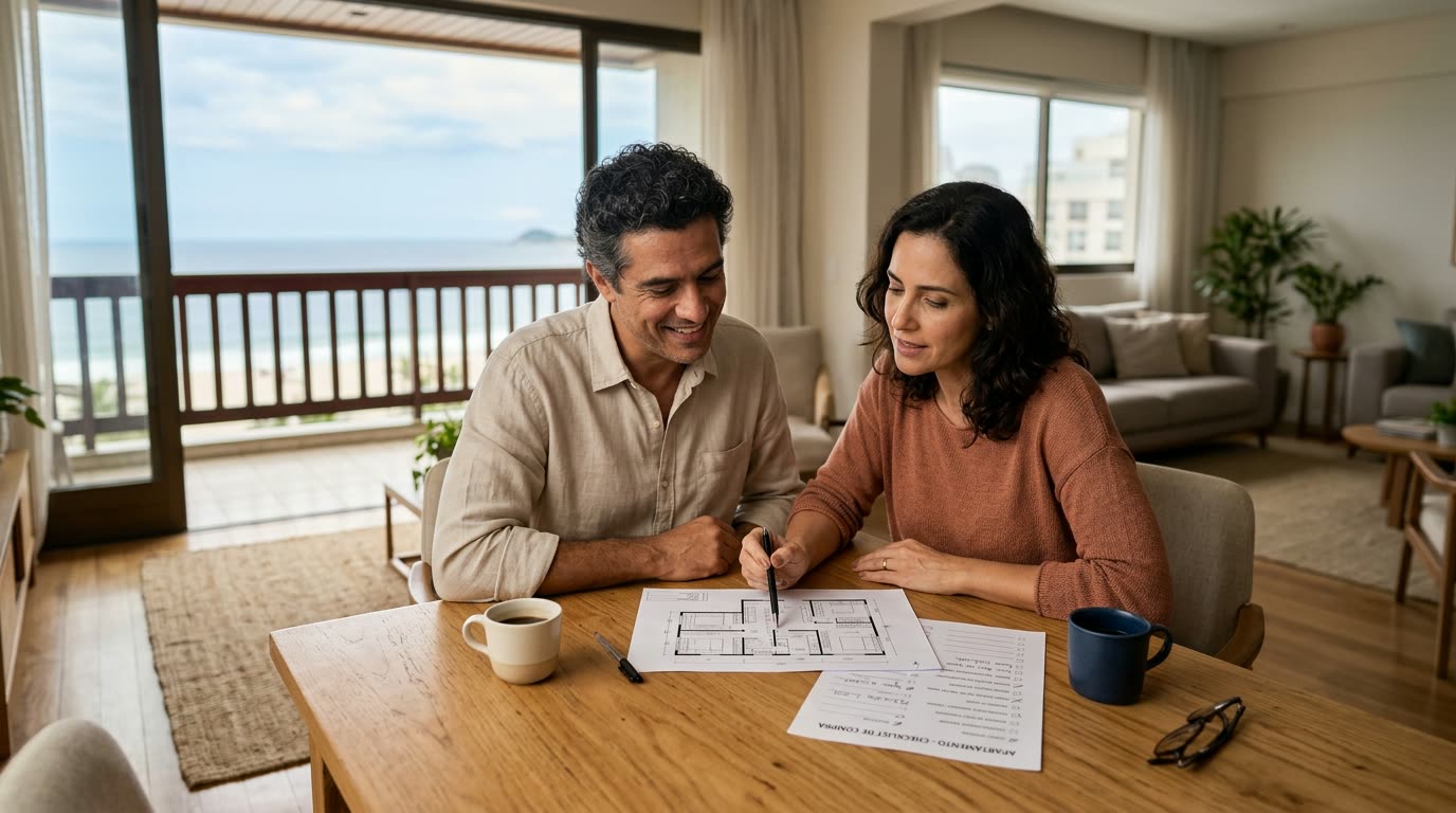 Casal analisando a planta de um apartamento antes de comprar em Caraguatatuba (imagem ilustrativa)