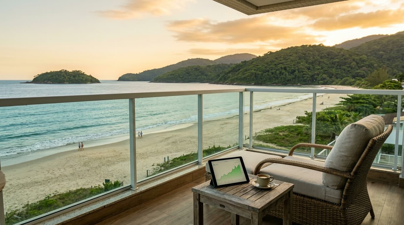 Varanda de apartamento frente mar com gráfico de valorização no tablet (imagem ilustrativa)