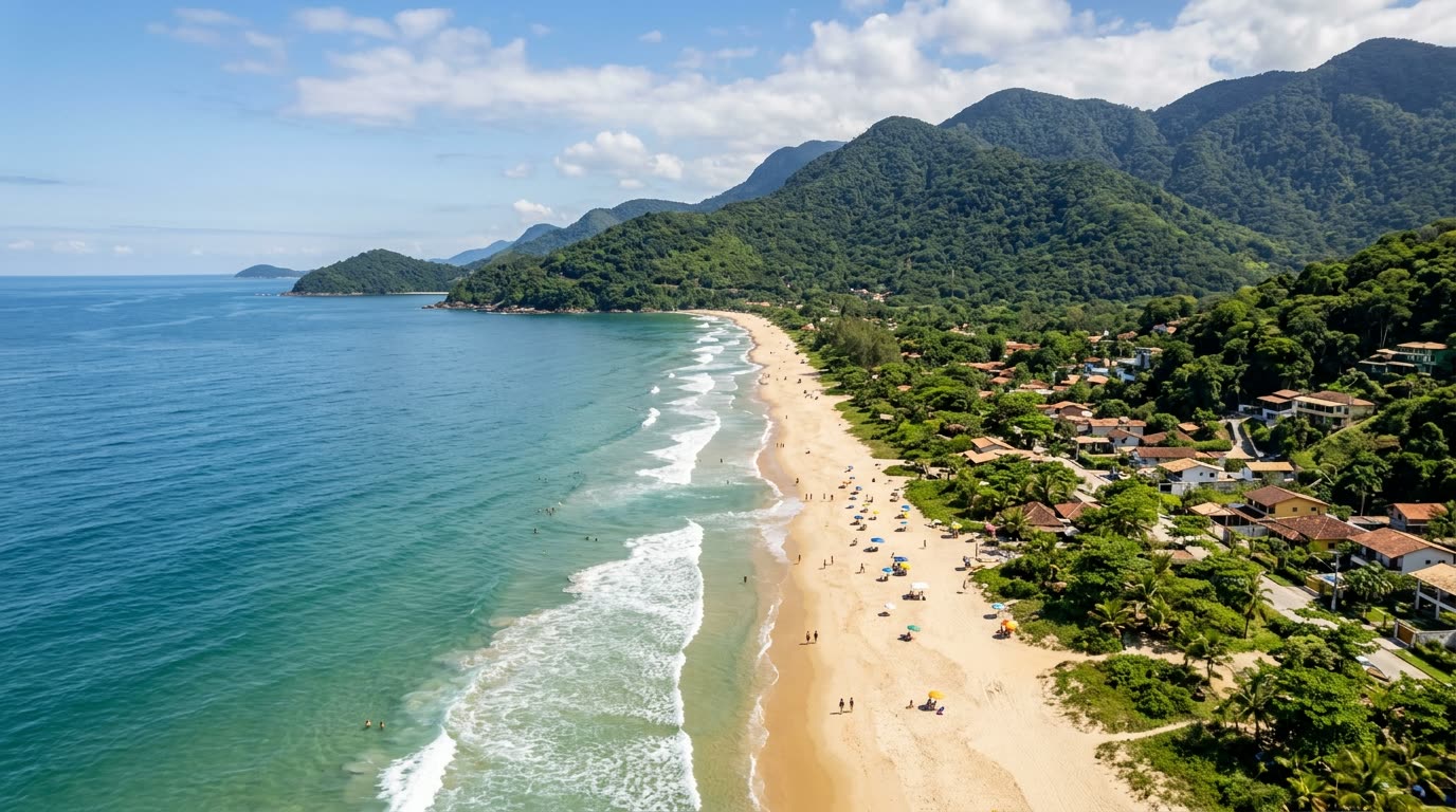 Praia do litoral norte de São Paulo com a Mata Atlântica ao fundo (imagem ilustrativa)