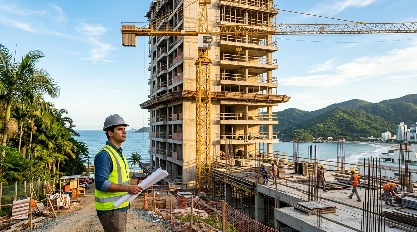 Engenheiro acompanhando a obra de um edifício residencial no litoral (imagem ilustrativa)